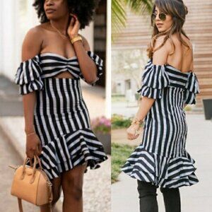 NEW WAYF Korbin Striped‎ Off Shoulder Dress Blue Size Medium Cotton Brand Cutout